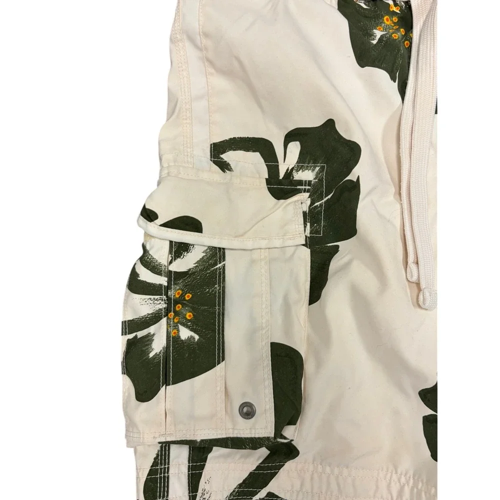 Hollister Mens Cargo Swim Trunks White Green Floral‎ Hibiscus Board Shorts Small